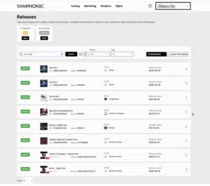 A music distribution platform screen displays a list of releases with details such as title, artist, release date, status, and options to edit or view each entry.